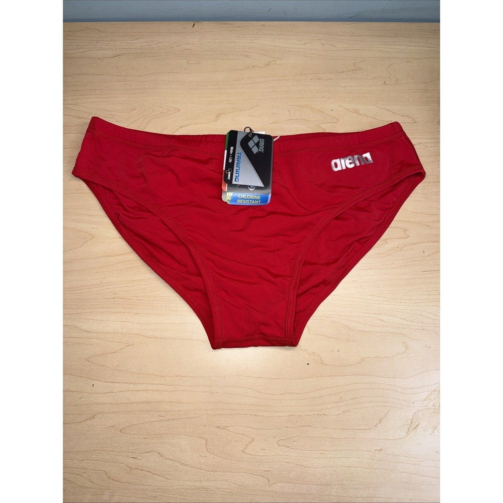 ARENA Men's BRIEF SWIMSUIT Sz 40 Red METALLIC SILVER Letters space F